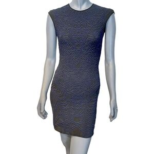 RVN Womens Bodycon Dress Mini Black Blue Jacquard Knit Cap Sleeve Crew Neck M